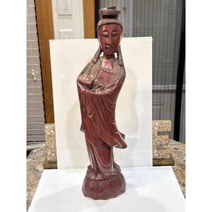 Bali Wood Statue Guan Yin Goddess Of Mercy & Compassion Vintage 19” Tall Figure